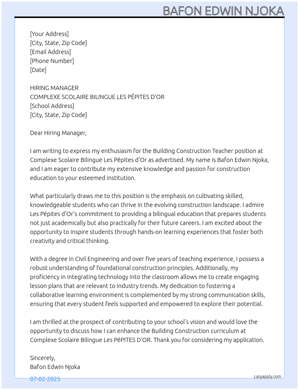 Cover letter for building construction teacher - LazyApply