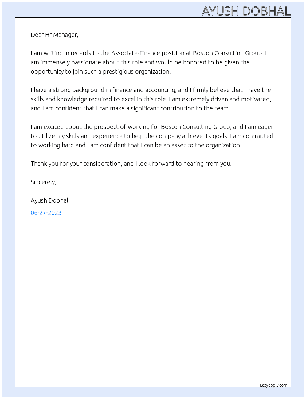 Associate- Finance At Boston Consulting Group Cover Letter