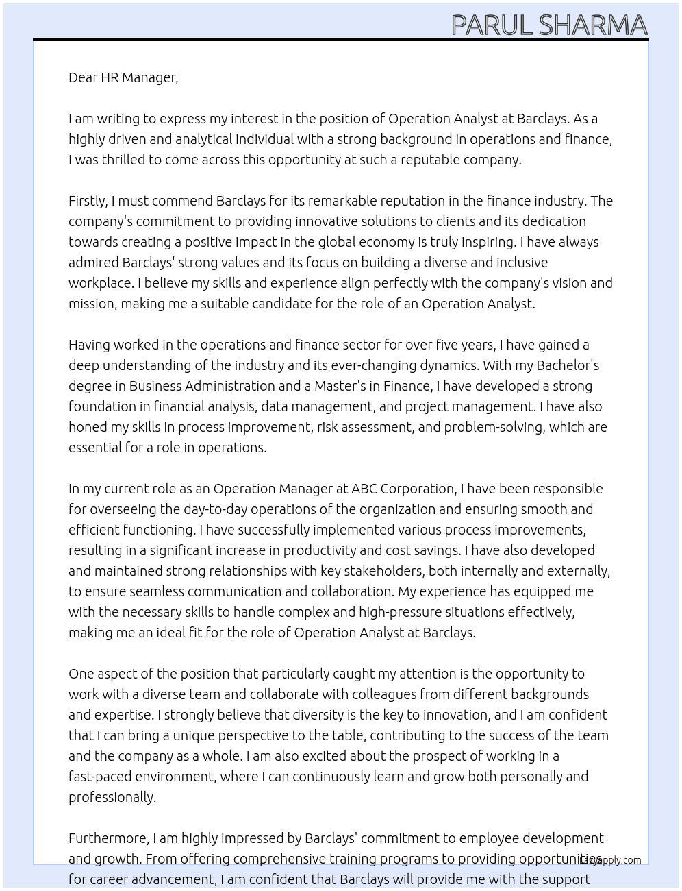 operation analyst At barclays Cover Letter