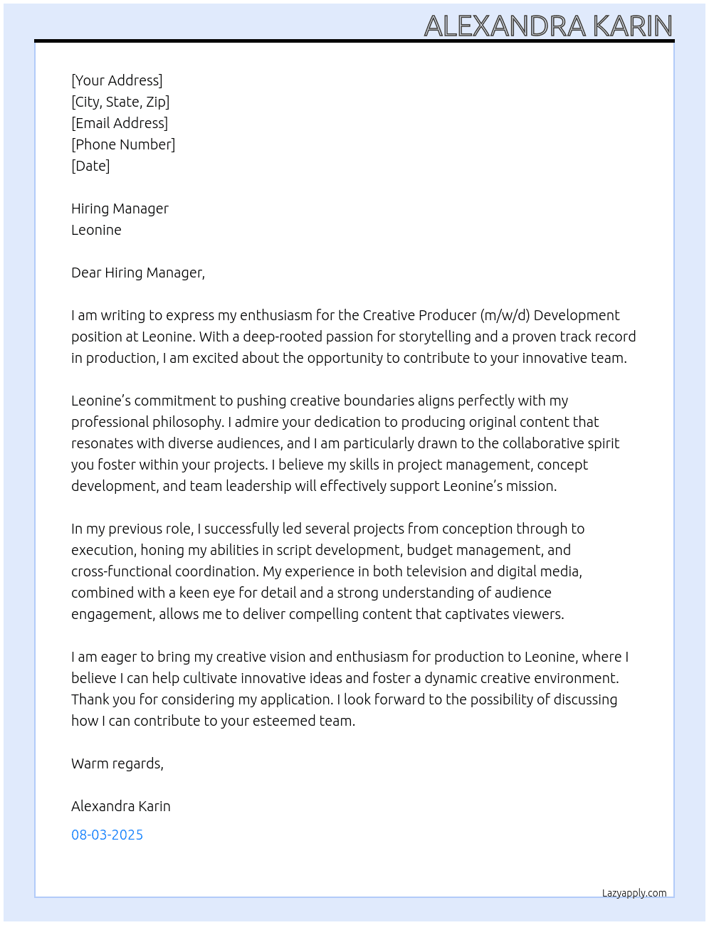 Creative Producer (m/w/d) Development  At Leonine Cover Letter