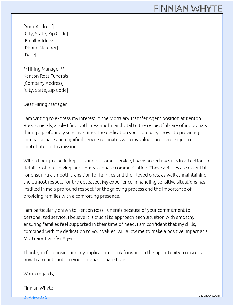 Mortuary transfer agent At Kenton Ross Funerals Cover Letter