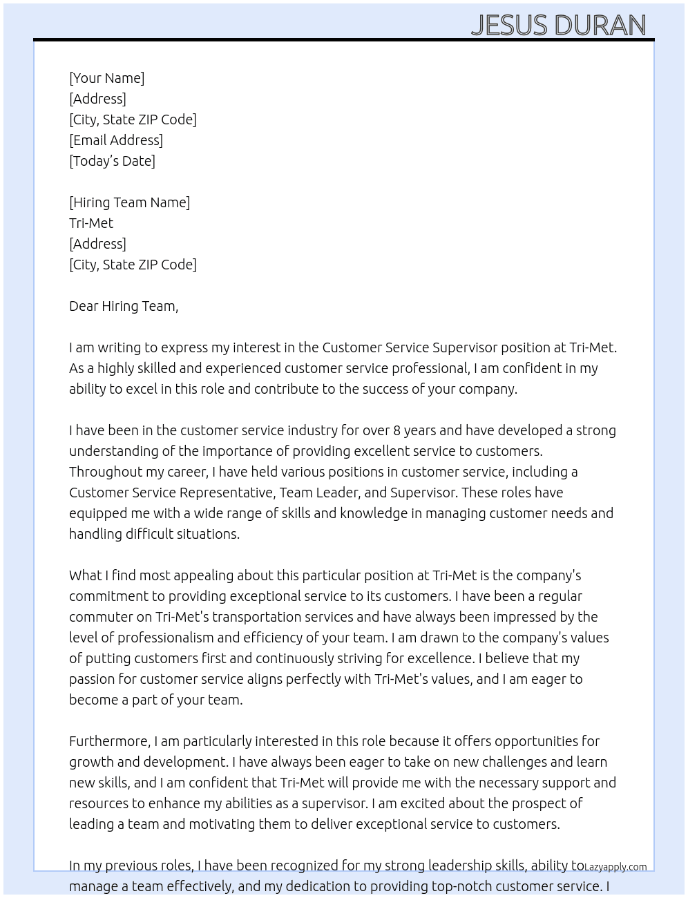 Customer Service Supervisor  At Tri-Met  Cover Letter