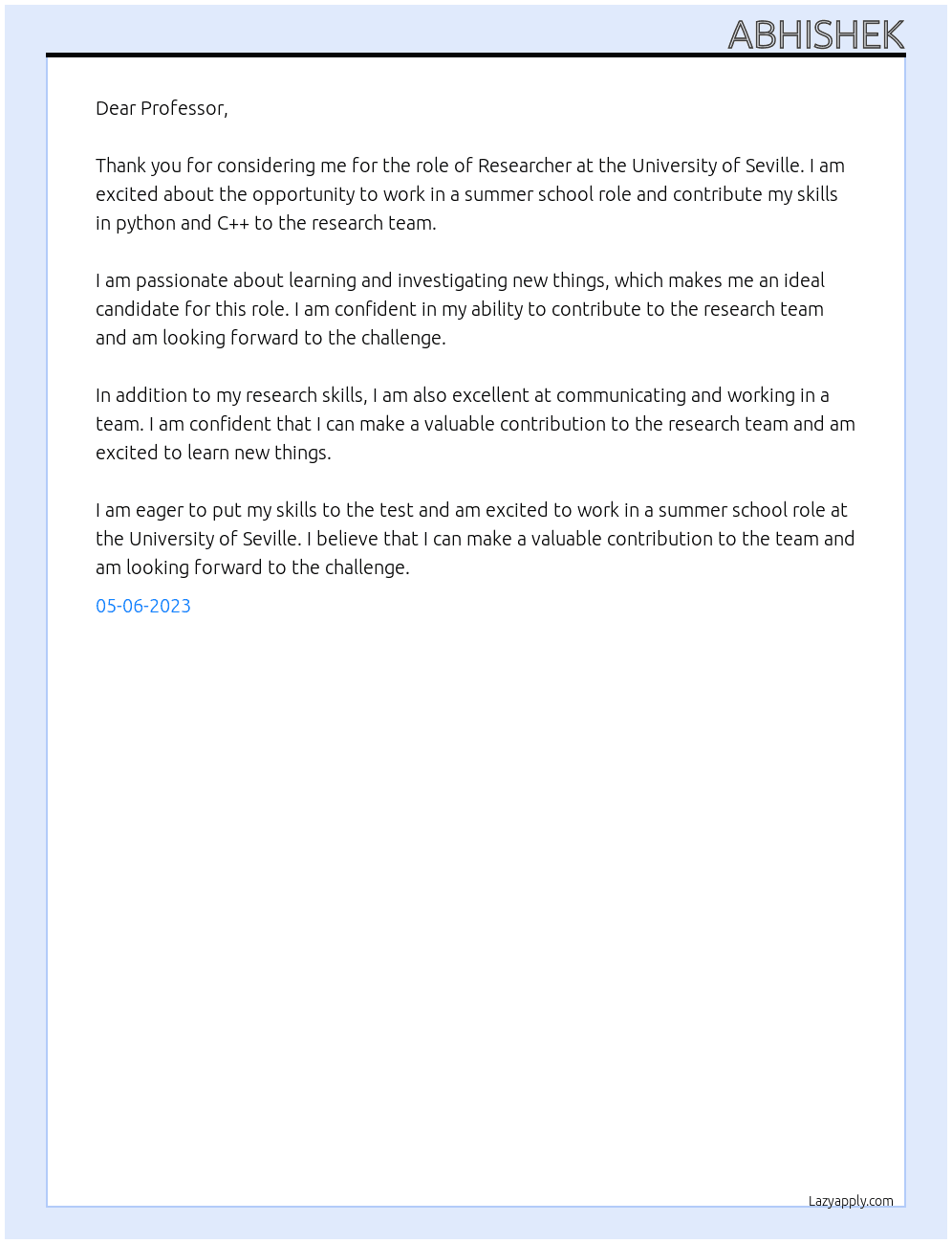 Researcher At University of Seville  Cover Letter