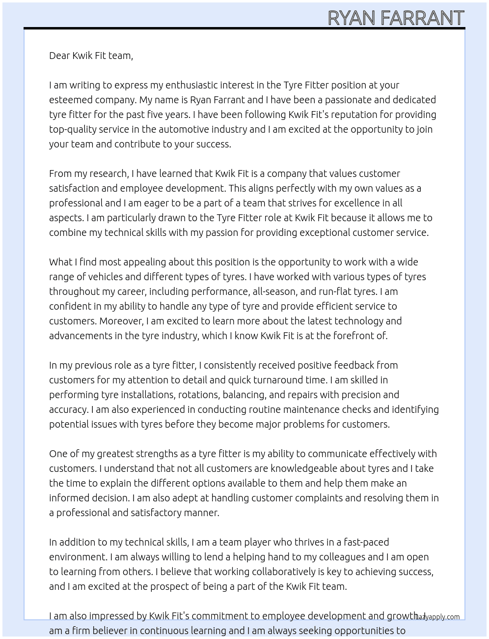 Tyre fitter At Kwik fit Cover Letter