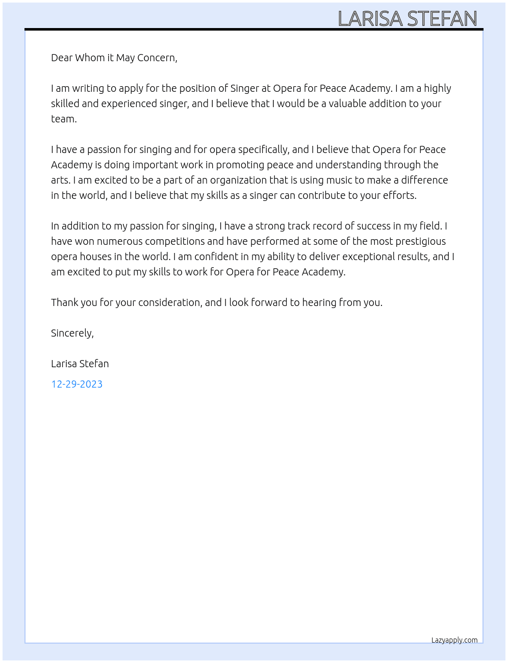 Singer At Opera for Peace Academy  Cover Letter