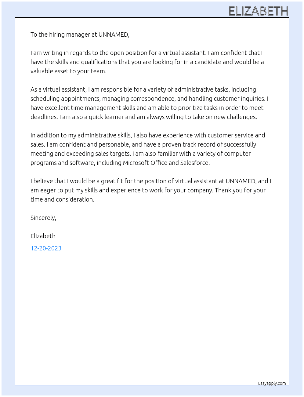 VIRTUAL ASSISTANT At UNNAMED Cover Letter