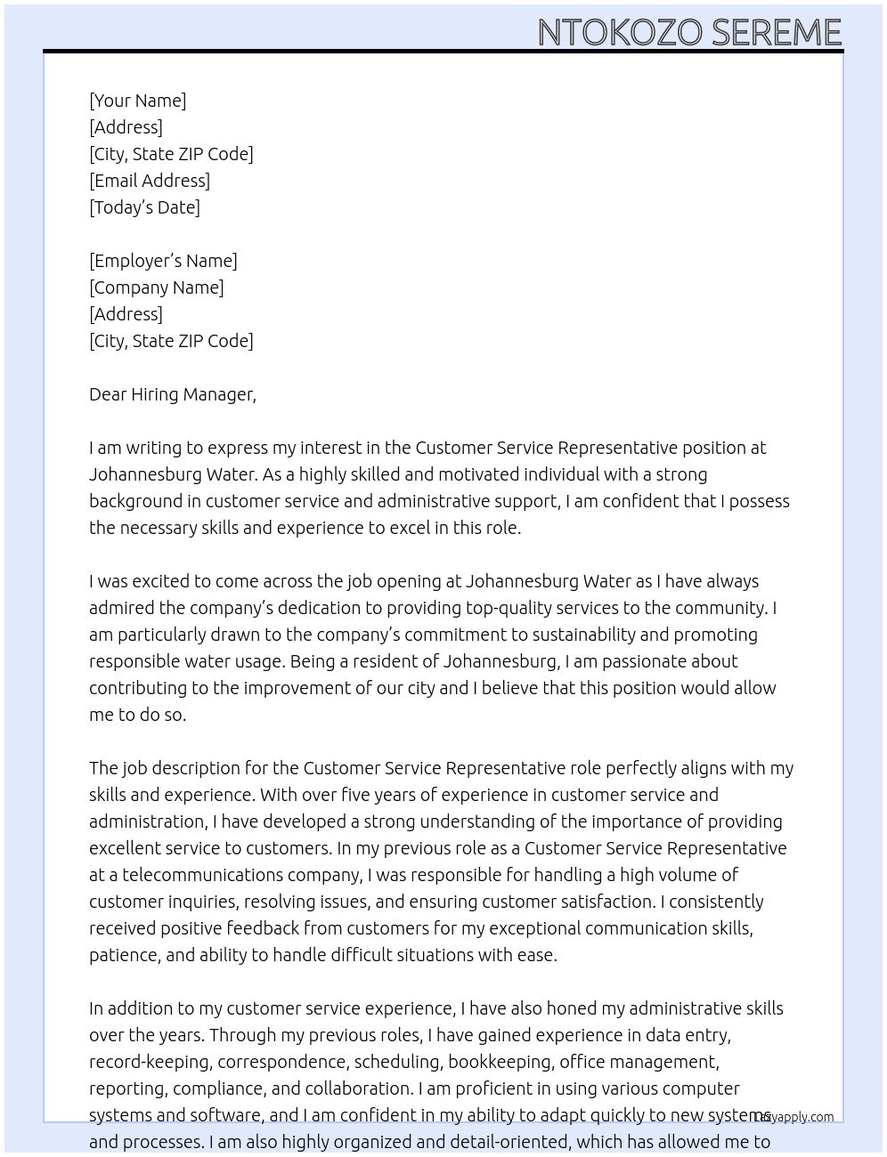 Customer service representative  At Johannesburg water  Cover Letter