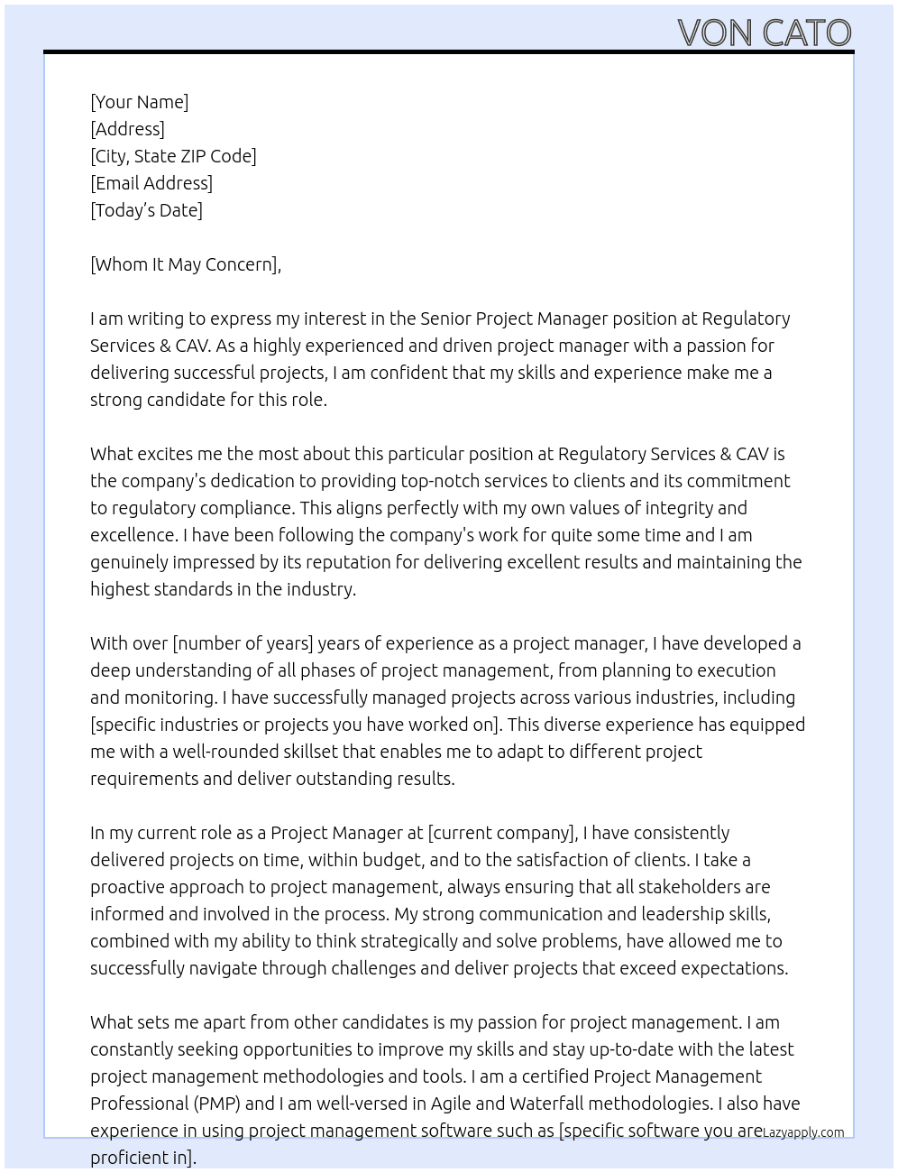 Senior Project Manager At Regulatory Services & CAV Cover Letter