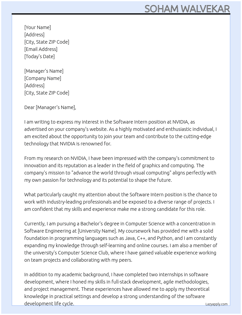 Software Intern At NVIDIA Cover Letter