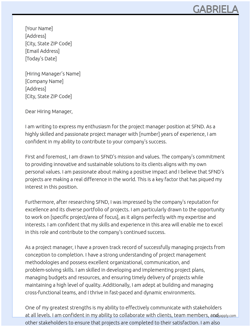 project manager At sfnd Cover Letter