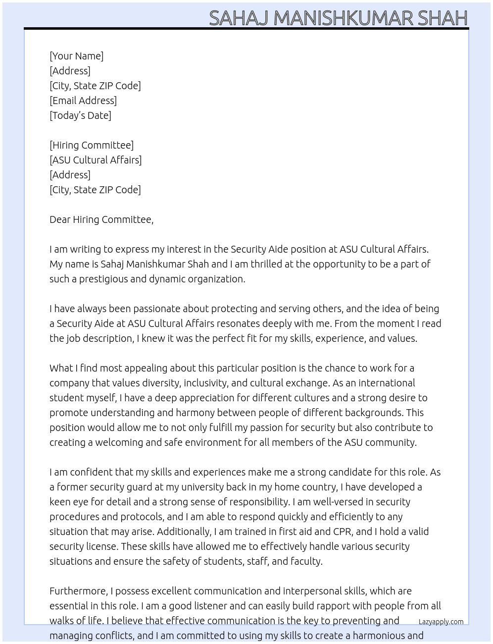 Security Aide At ASU cultular affairs Cover Letter