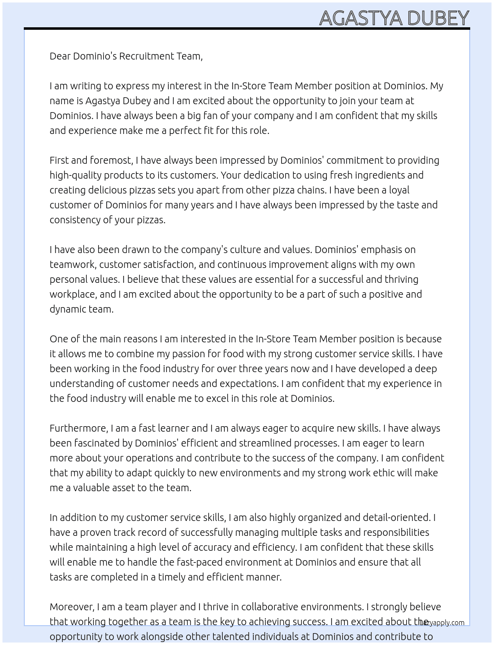In-Store Team Member At Dominios Cover Letter