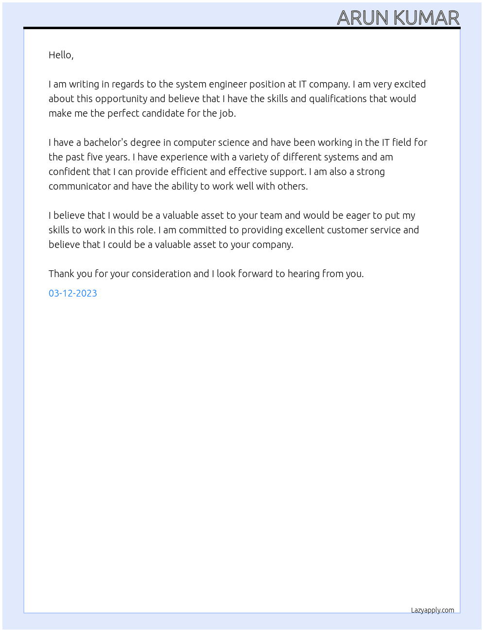 system engineer At it company Cover Letter