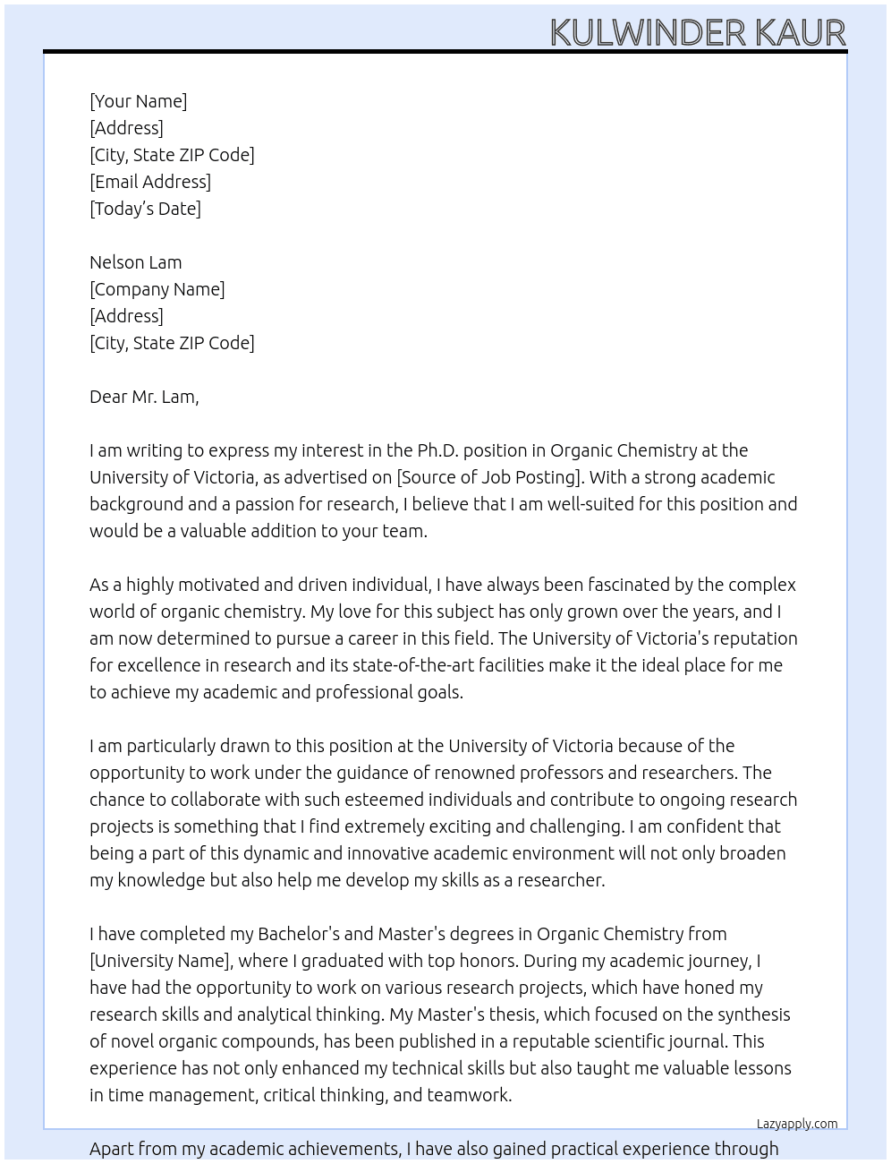 For Phd position in Organic Chemistry At University of Victoria Cover Letter