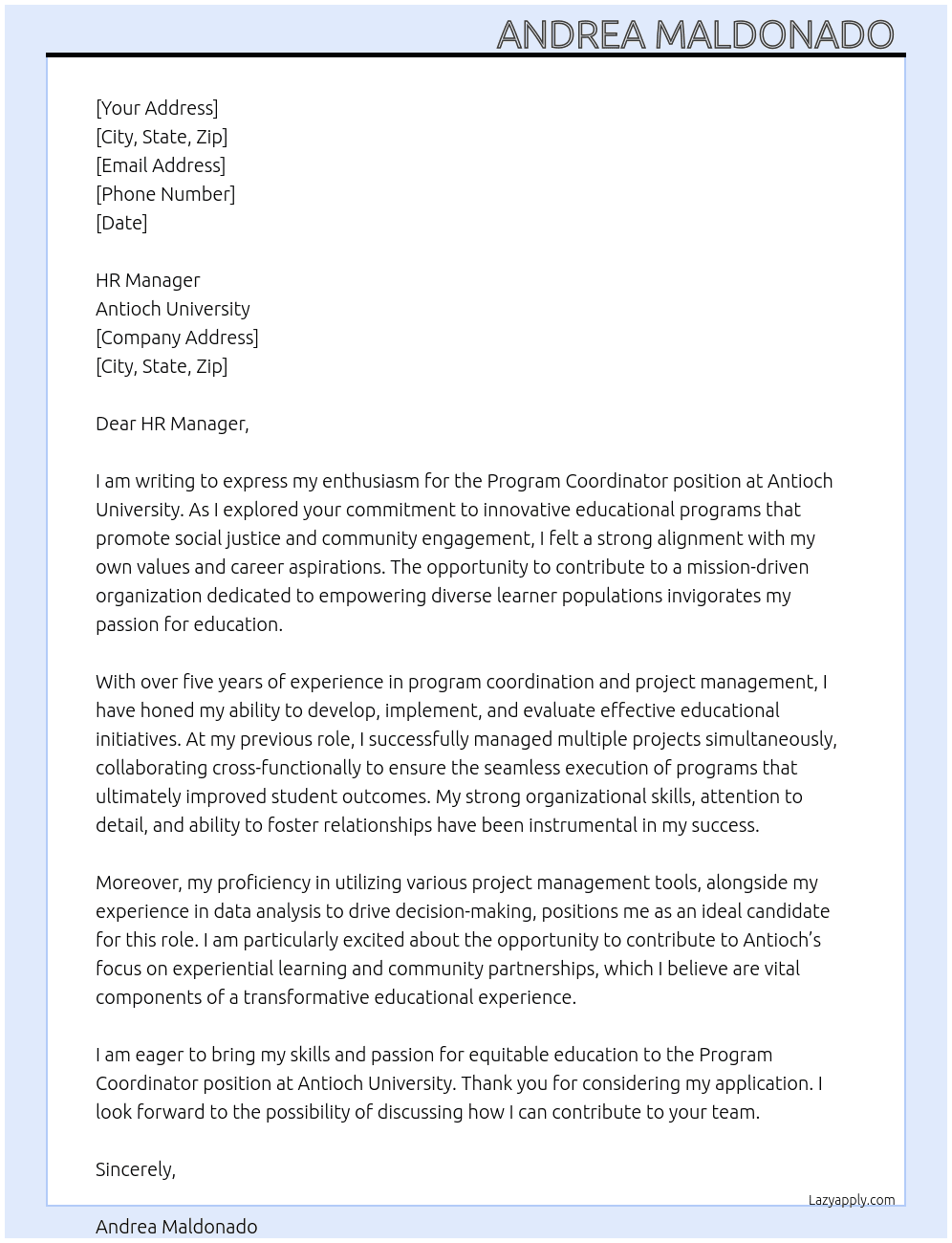 Program coordinator  At Antioch University Cover Letter
