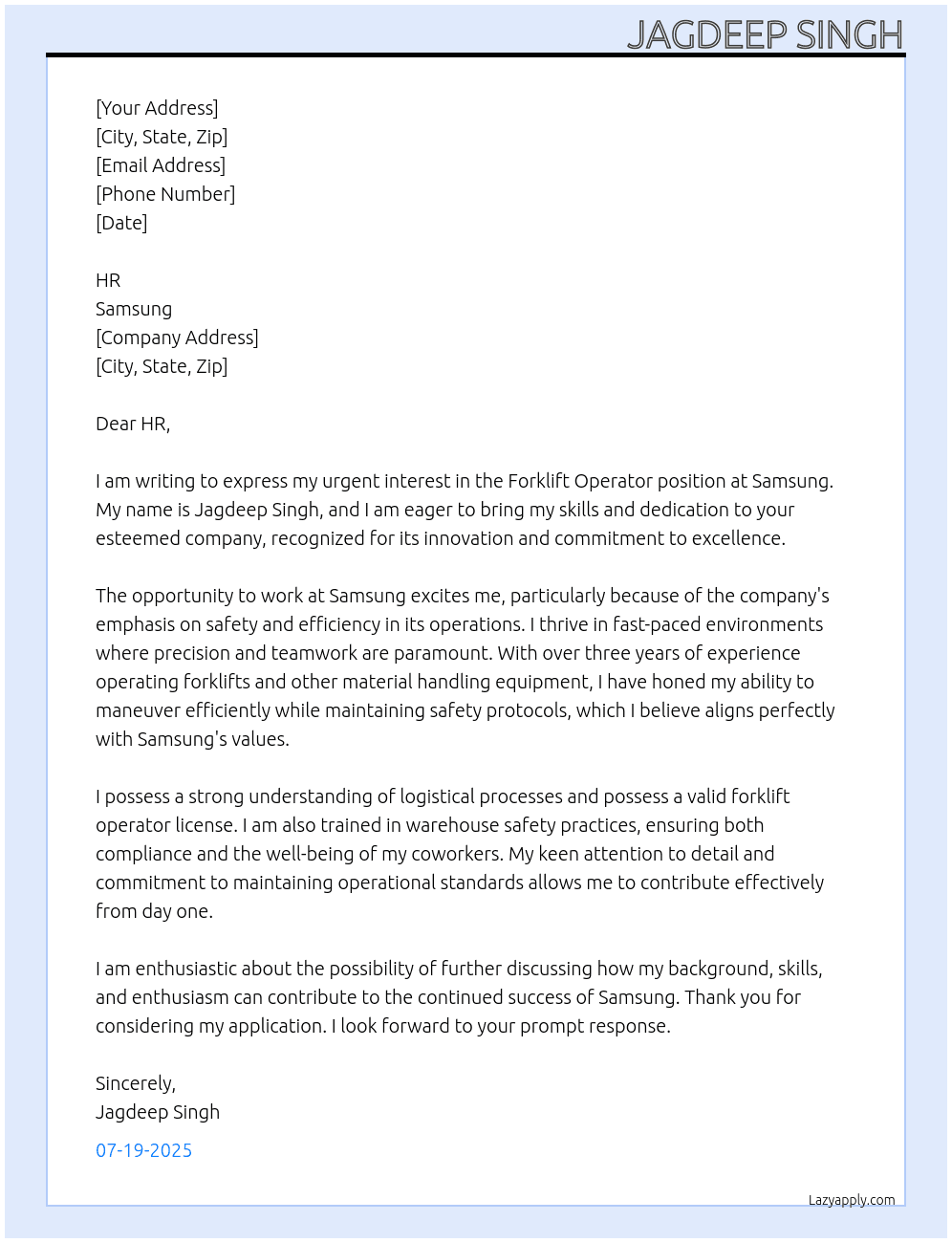 Forklift operator At Samsung Cover Letter