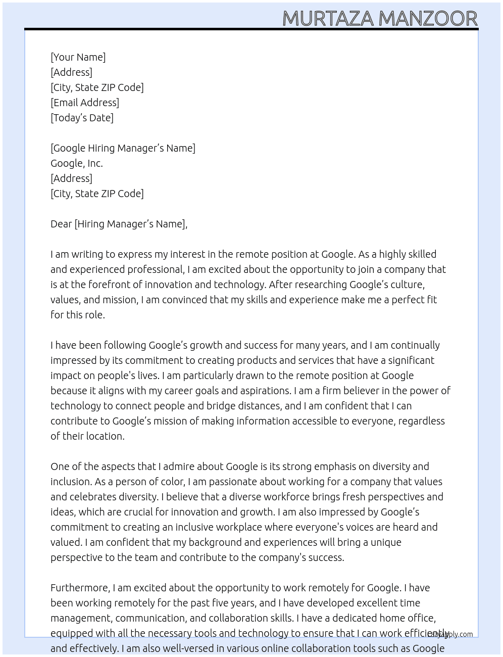 remote job At Google remote position Cover Letter