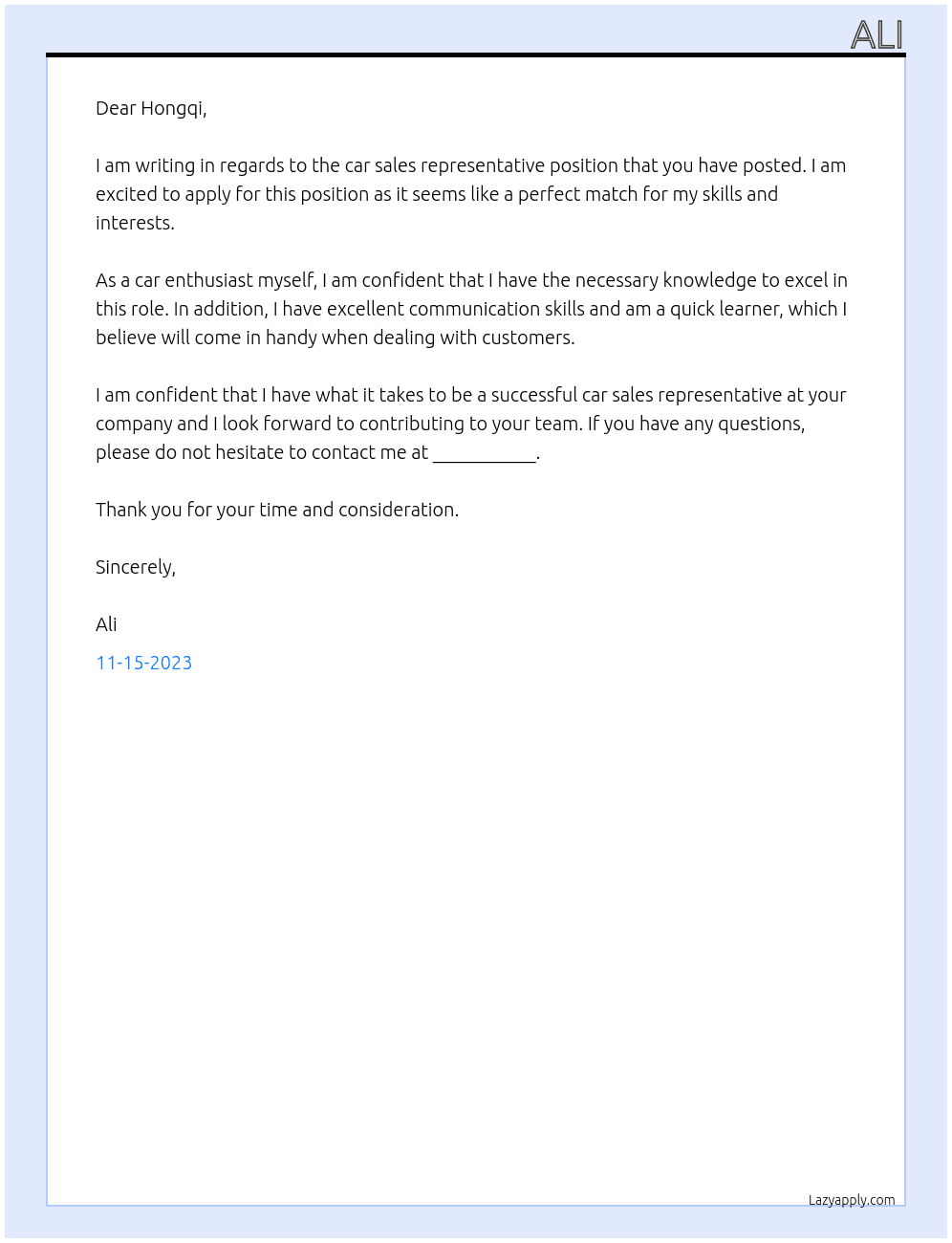 Car sale representative  At Hongqi Cover Letter