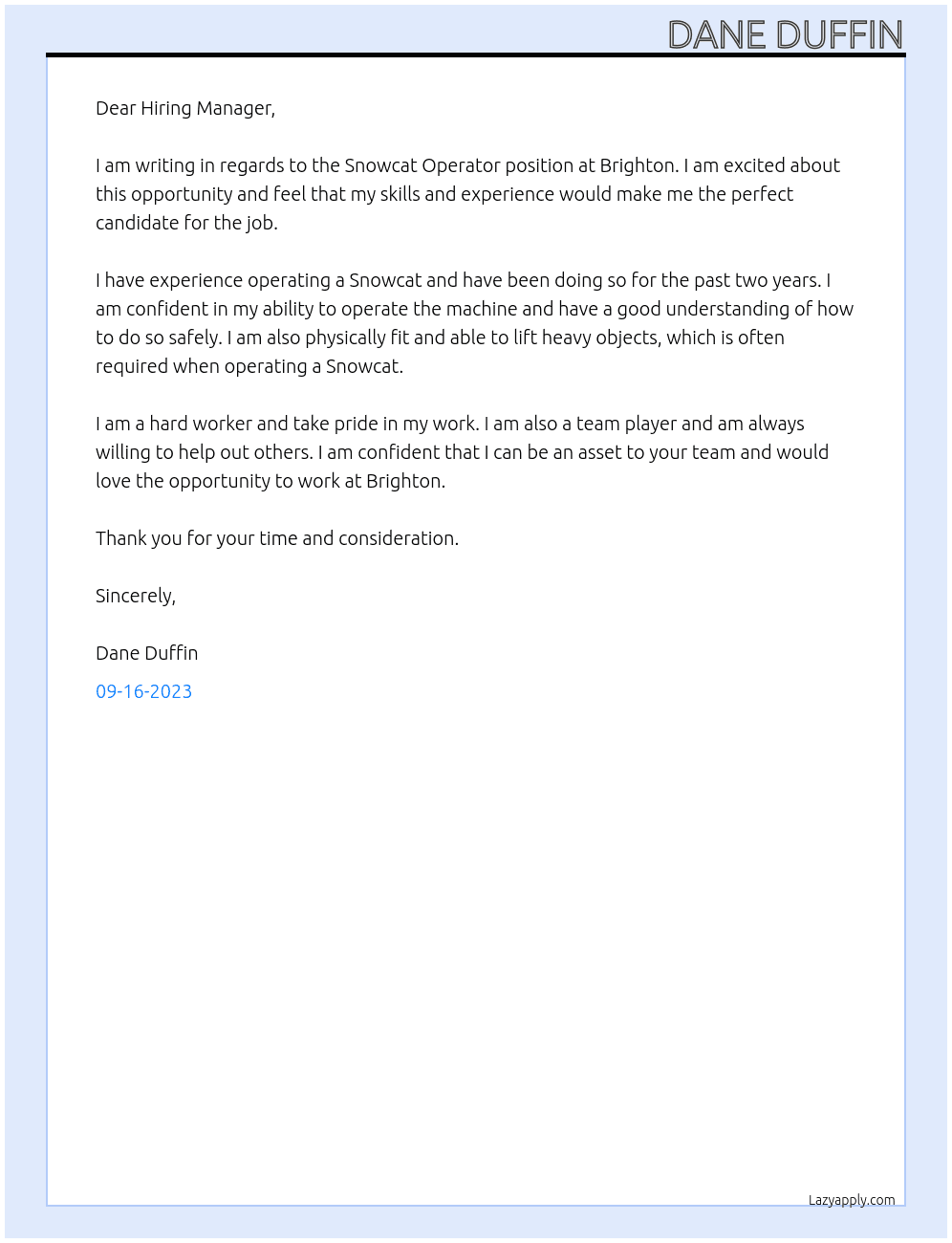 Snowcat Operator At Brighton Cover Letter