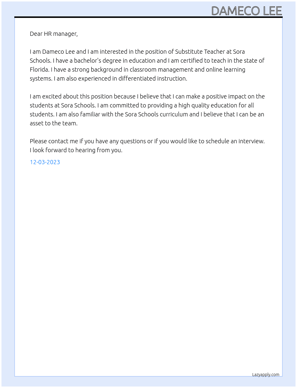 Substitute Teacher  At Sora Schools  Cover Letter