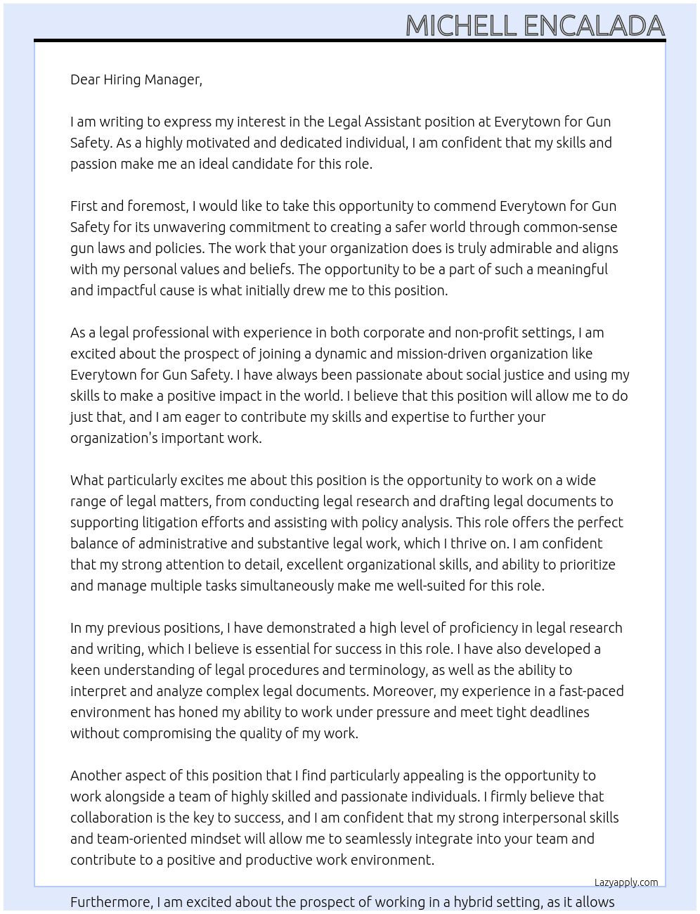 Legal Assistant At Everytown for Gun Safety Cover Letter