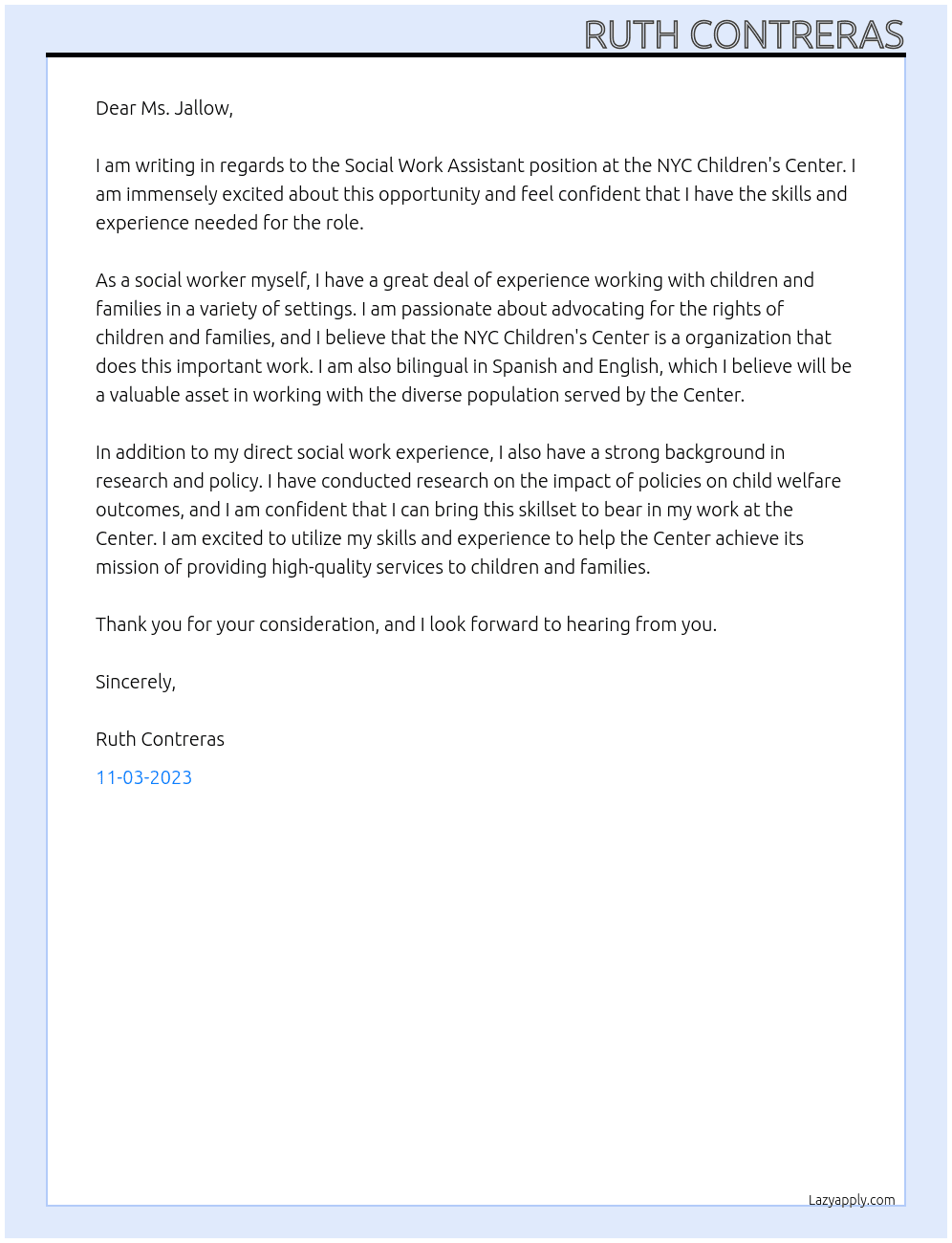 Social Work Assistant At NYC Children's Center Cover Letter