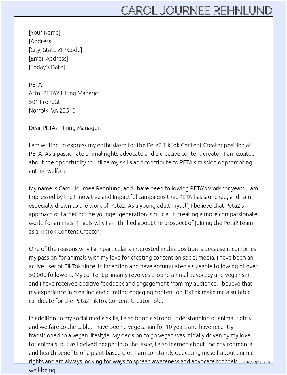 Peta2 TikTok Content Creator At PETA Cover Letter