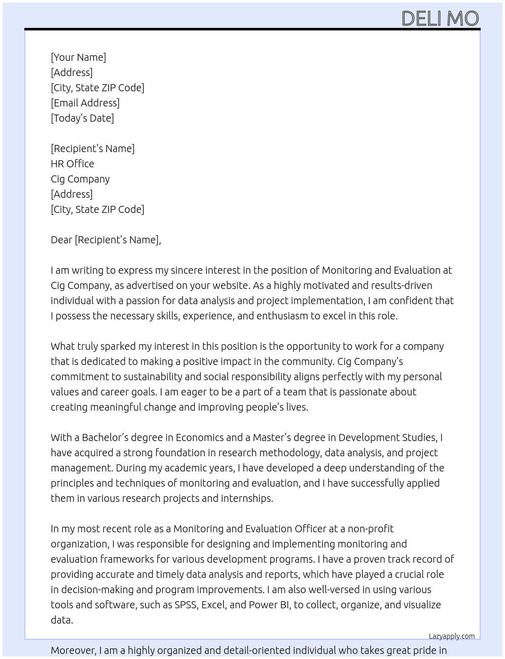 Monitering and evaluation  At cig company Cover Letter
