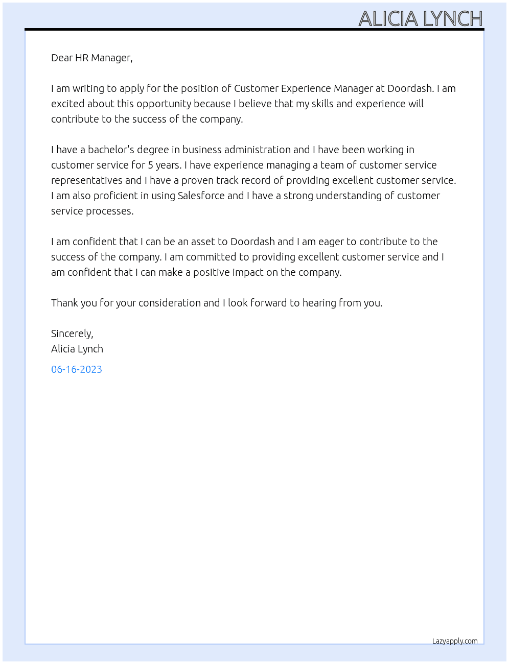 Customer Experience Manager At Doordash Cover Letter