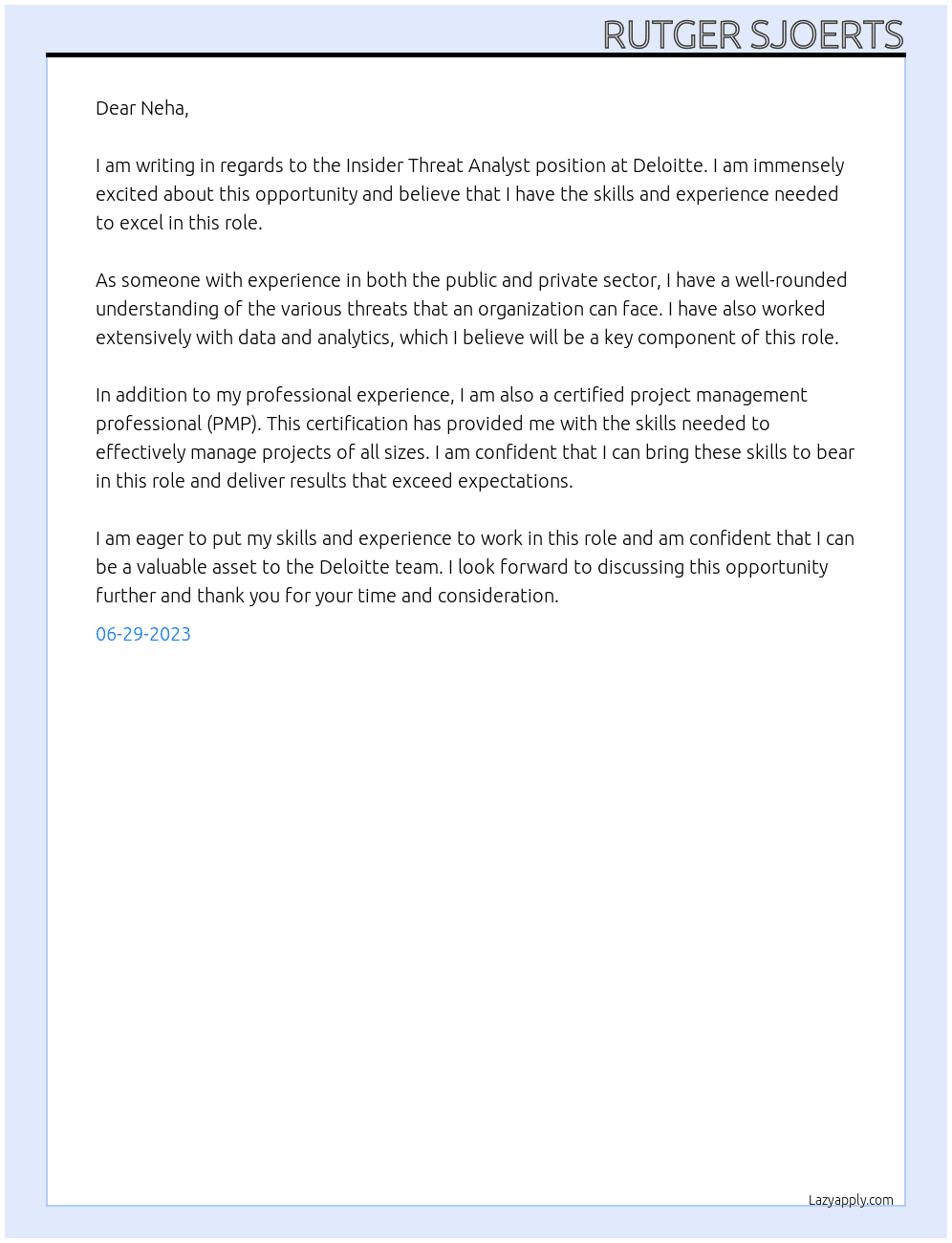 Insider Threat Analyst At Deloitte Cover Letter