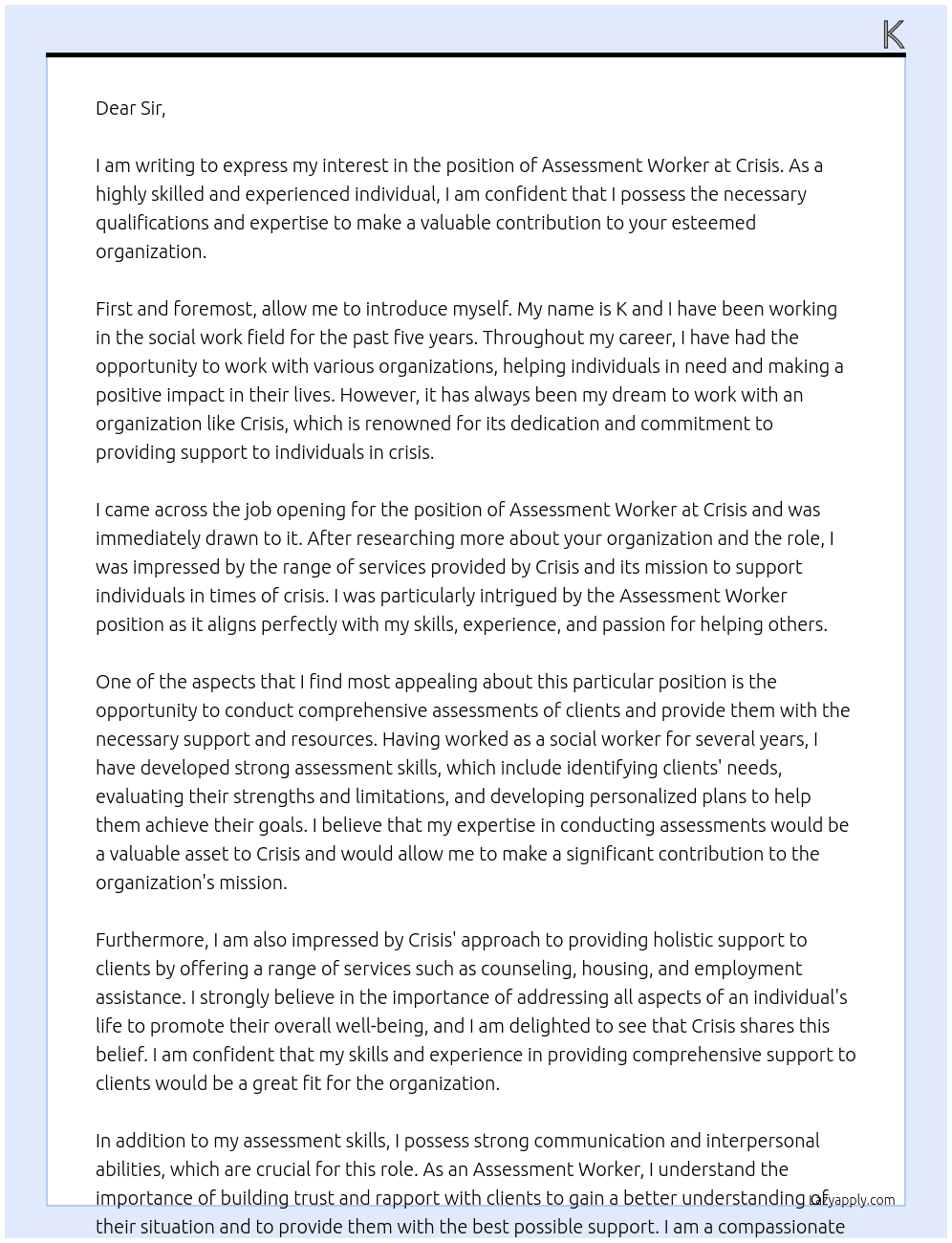Assessment Worker At Crisis Cover Letter