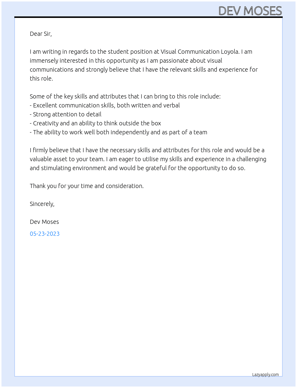 Student At Visual communication loyola Cover Letter