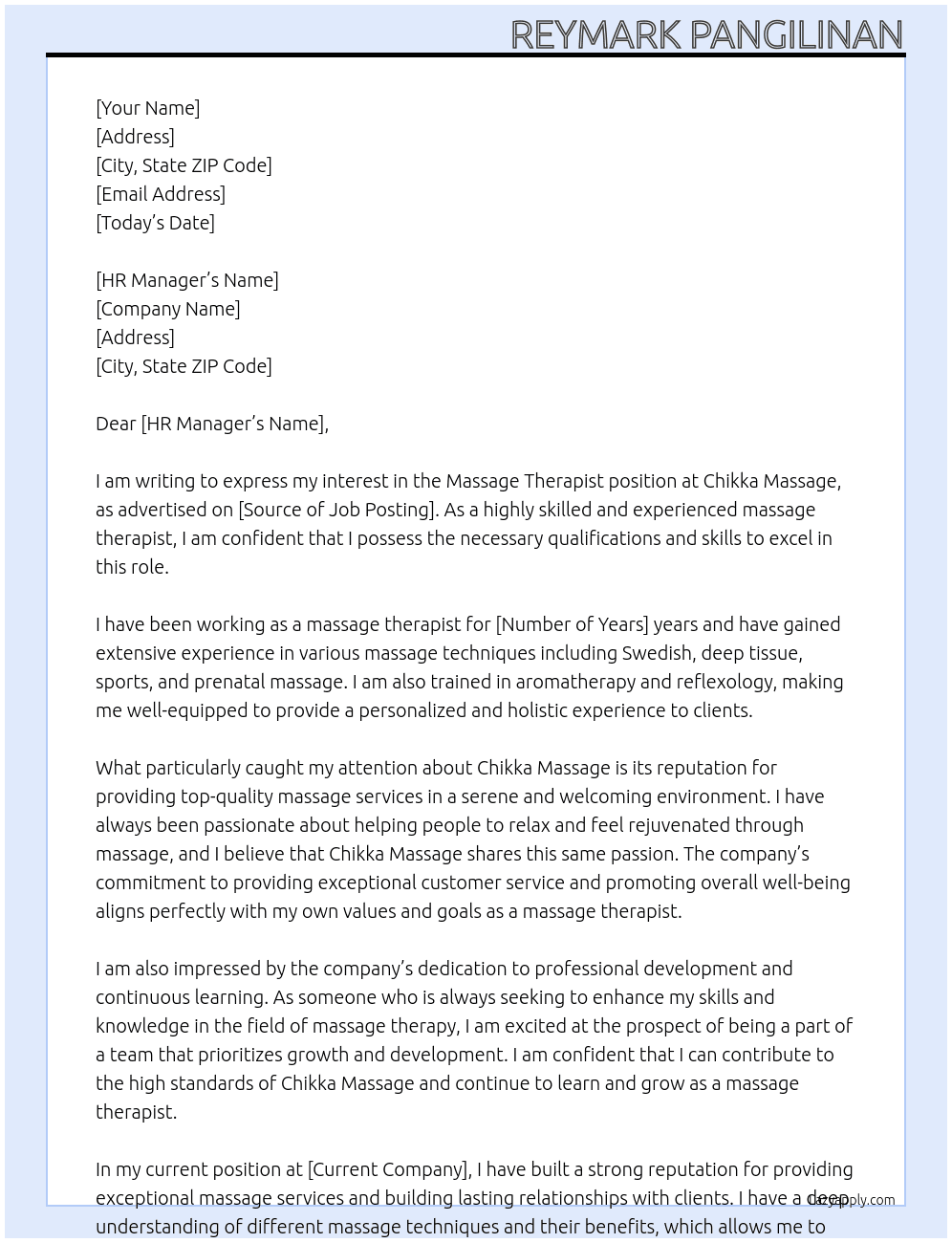 Massage Therapist At Chikka Massage Cover Letter