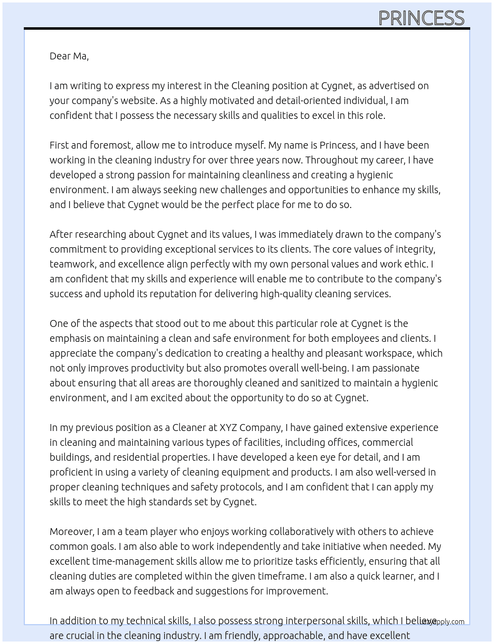 Cleaning  At Cygnet Cover Letter