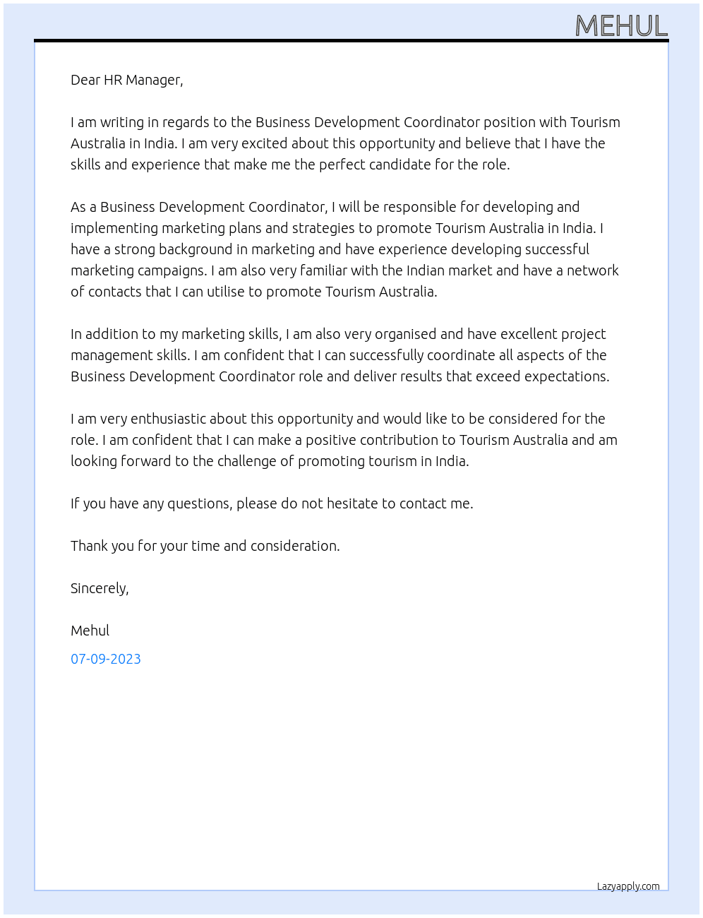BUSINESS DEVELOPMENT COORDINATOR, INDIA At Tourism Australia  Cover Letter