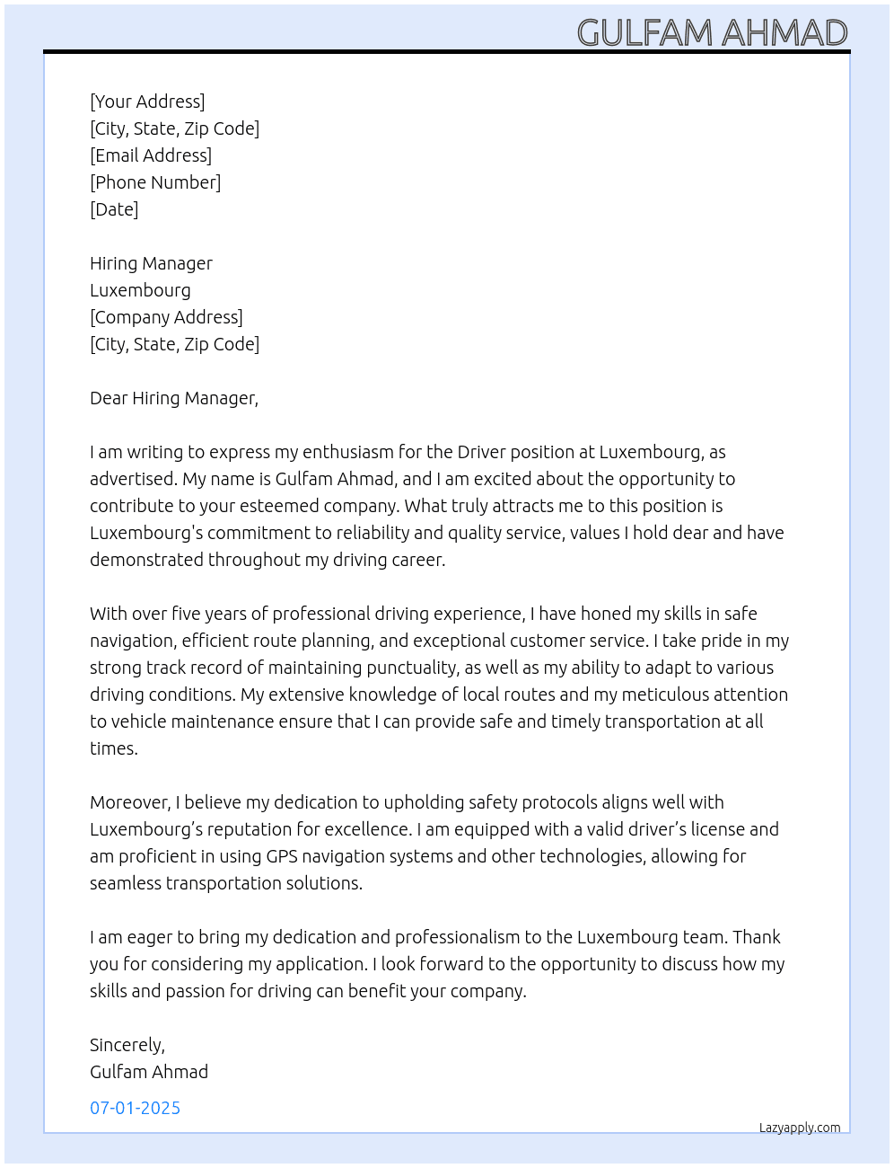 DRIVER At LUXEMBOURG  Cover Letter