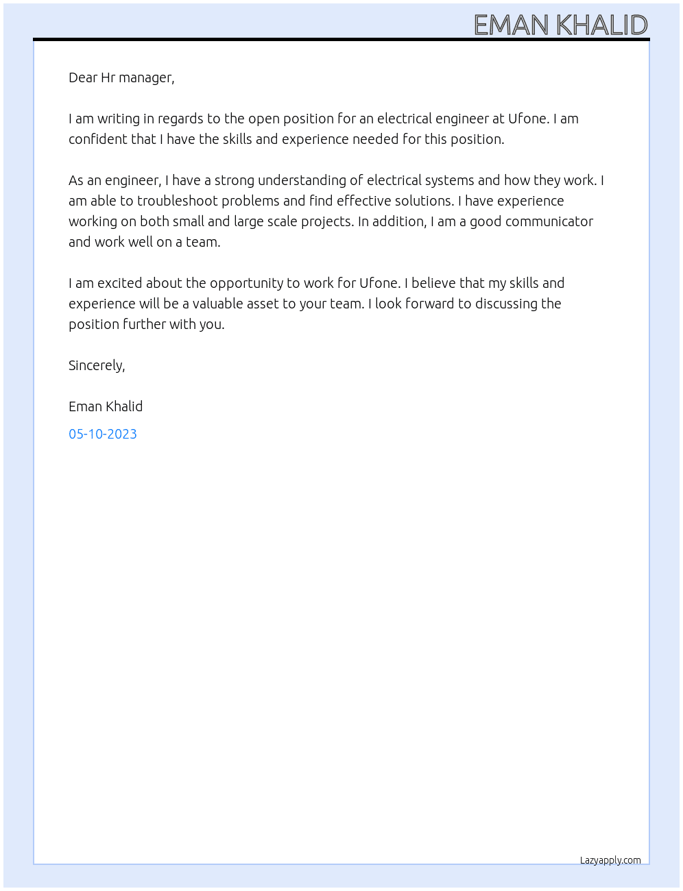 electrical engineer At Ufone Cover Letter