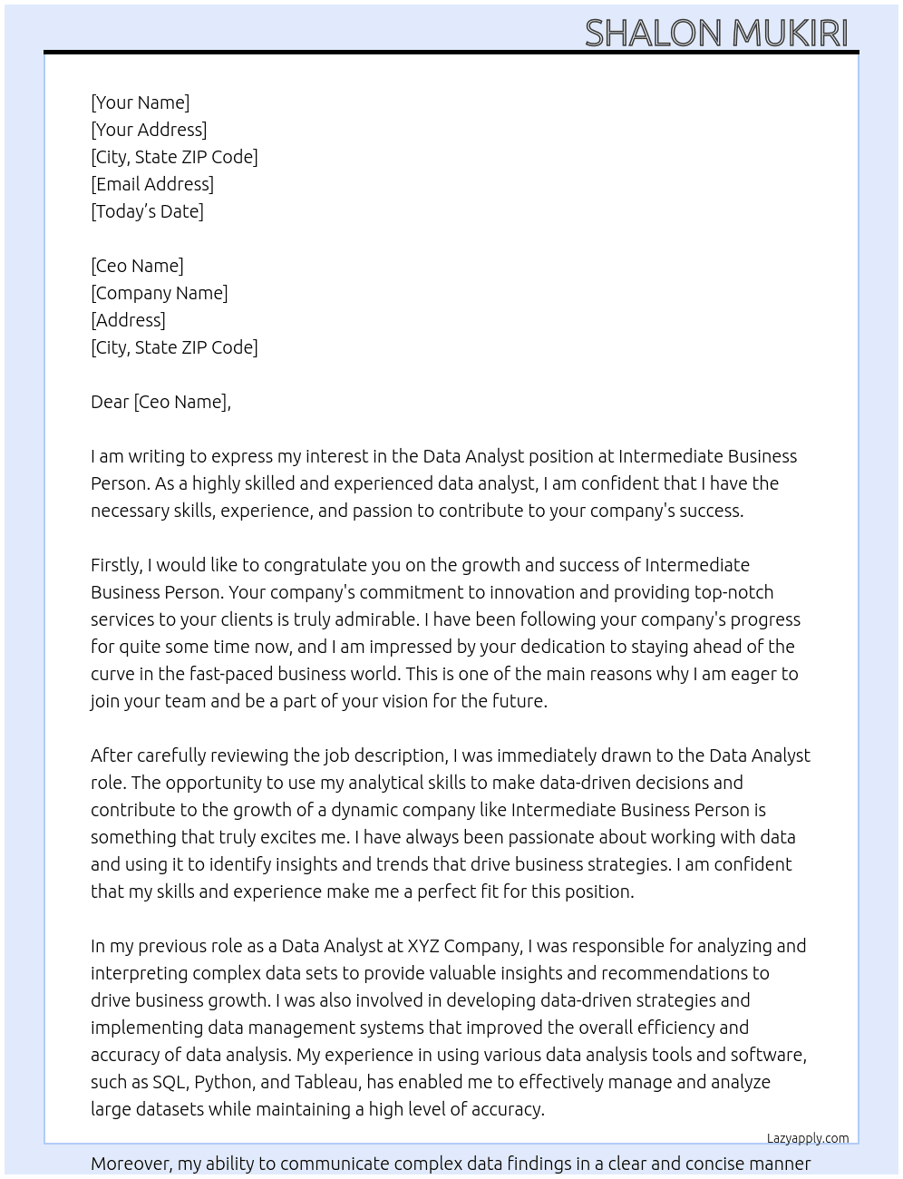 Data analyst  At intermediate Business person  Cover Letter