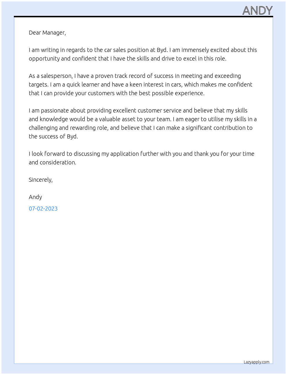 Car sales  At Byd Cover Letter