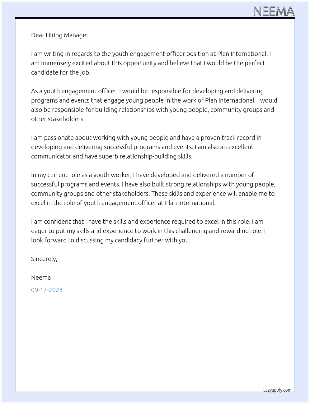 youth engagement officer At Plan international Cover Letter