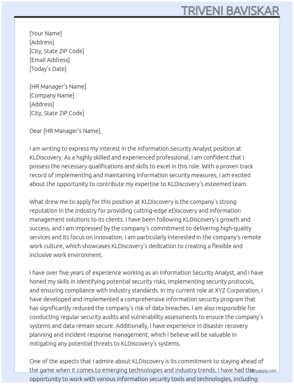 Information Security Analyst (Remote) At KLDiscovery Cover Letter