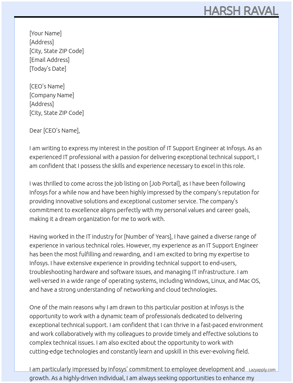 It support engineer  At Infosys Cover Letter