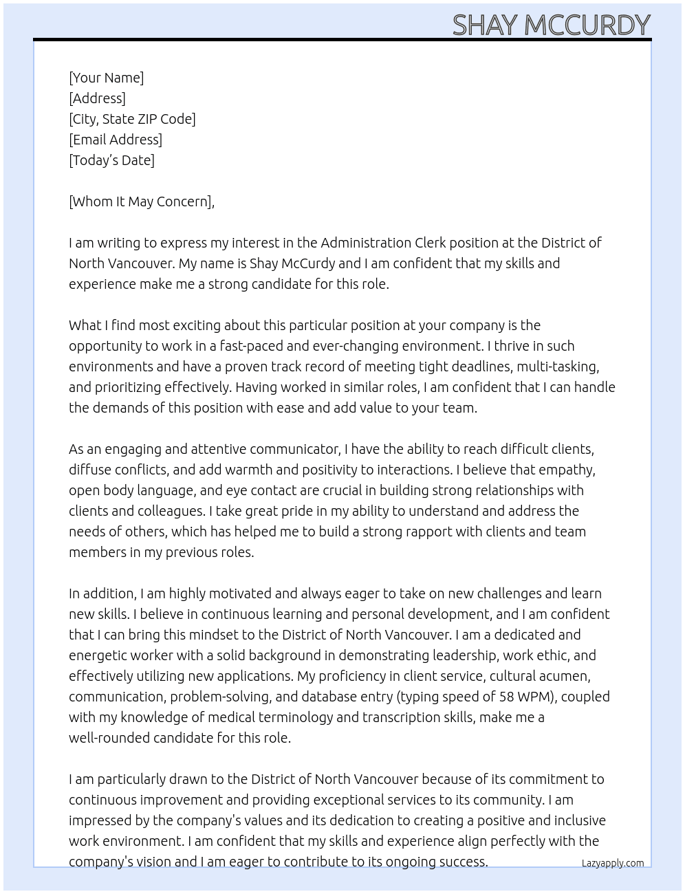 Administration Clerk At District of North Vancouver  Cover Letter