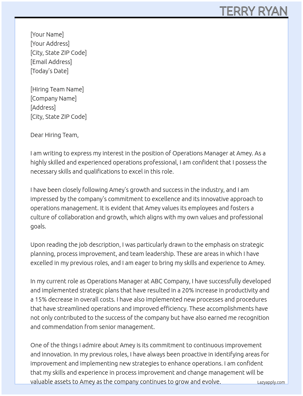 Operations Manager At Amey Cover Letter