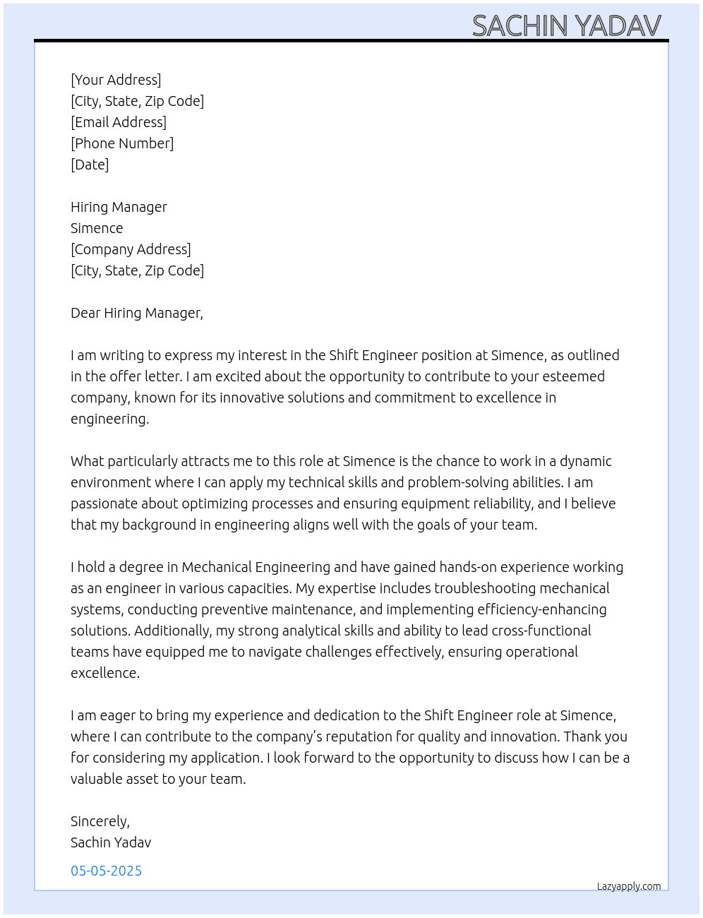 Shift Engineer  At Simence  Cover Letter