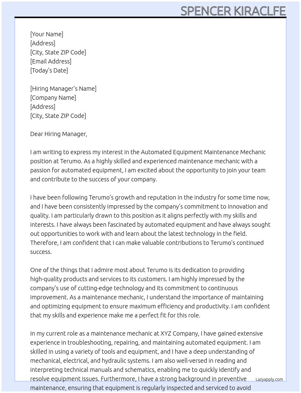 Automated Equipment Maintenance Mechanic  At Terumo Cover Letter