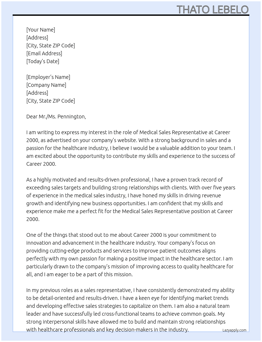 Medical Sales Representative At Career 2000 Cover Letter