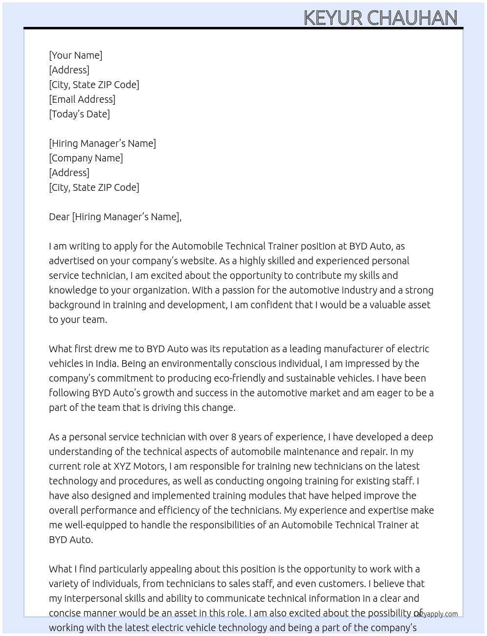 Automobile technical trainer  At BYD Auto Cover Letter