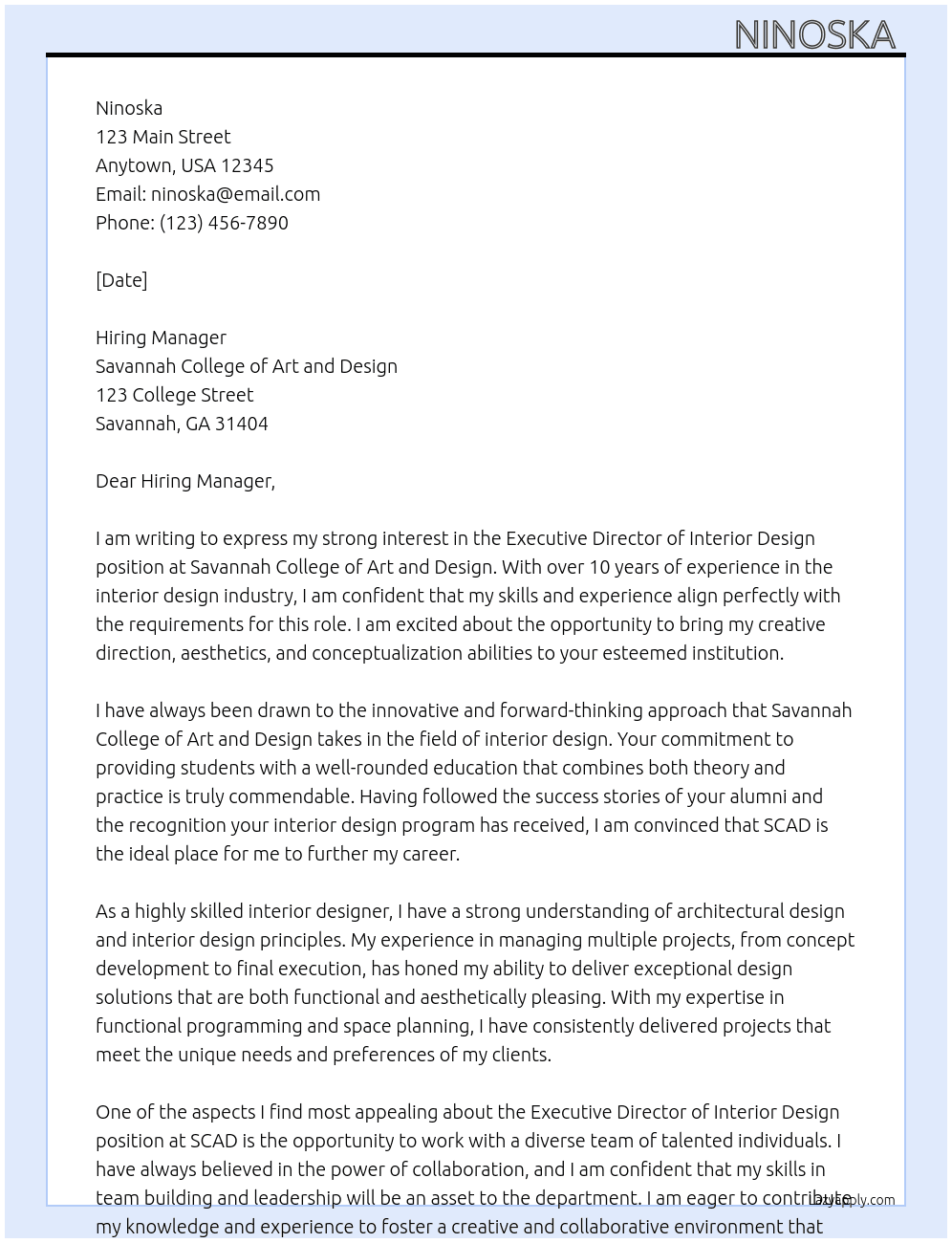 Cover letter for executive director of interior design - LazyApply