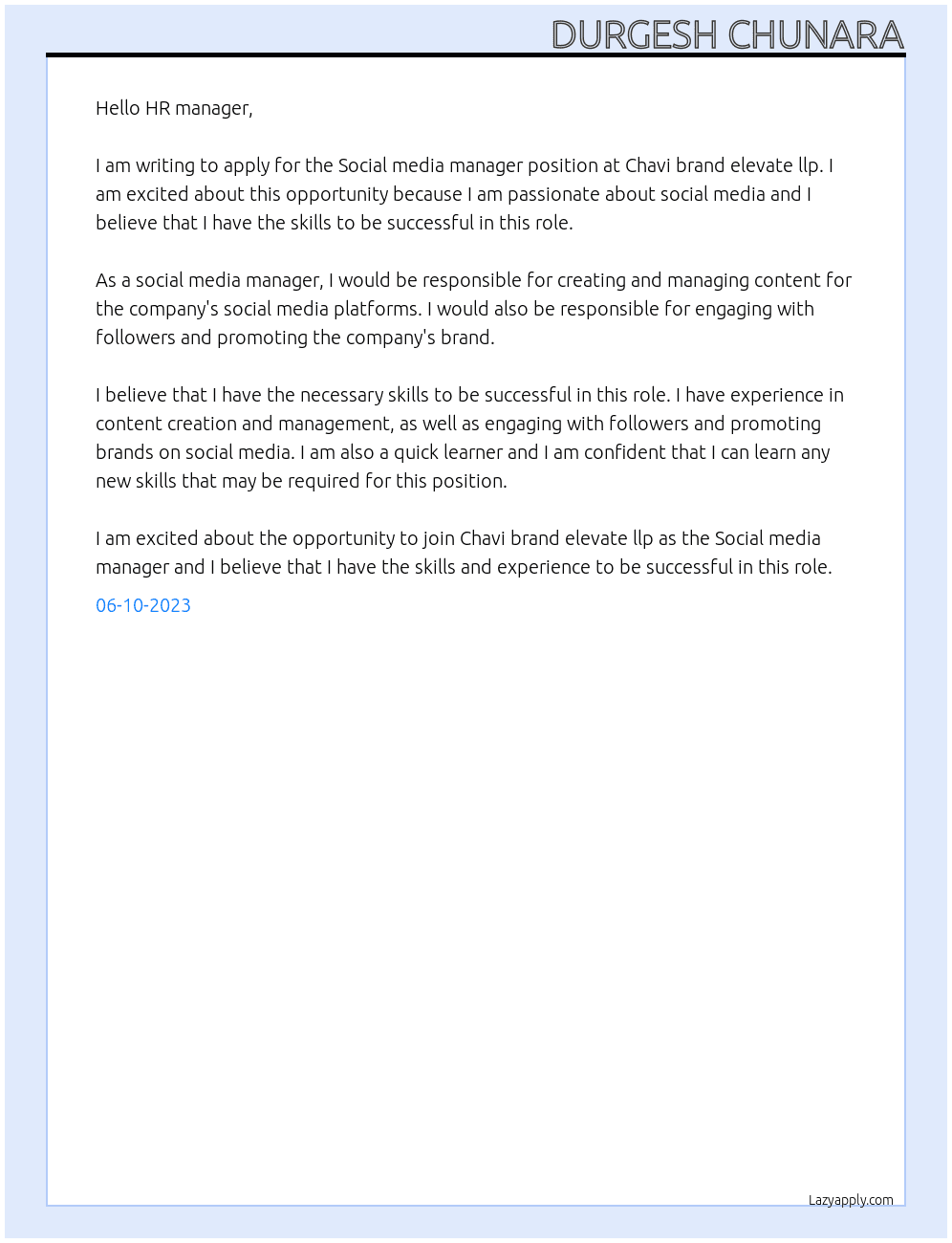 Social media manager  At Chavi brand elevate llp Cover Letter